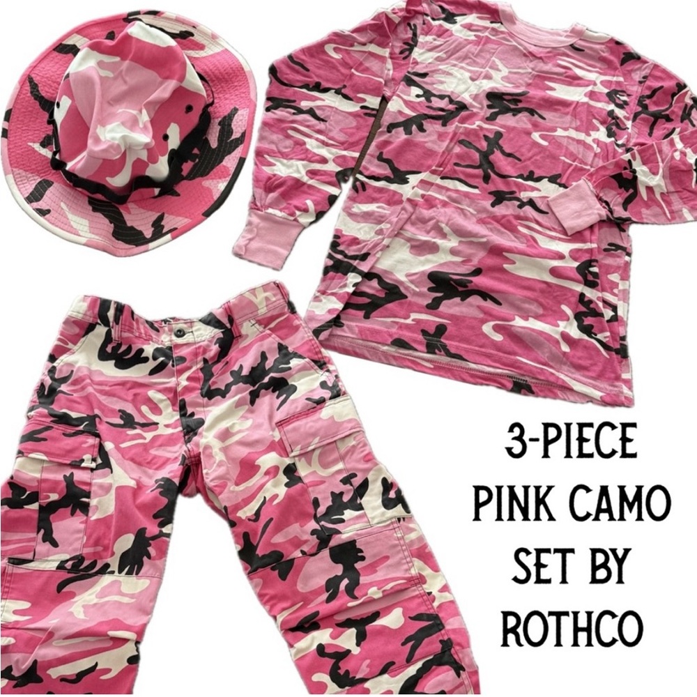 3-Piece Women’s Pink Camouflage Set: Long Sleeve Shirt, Pants, & Bucket Hat